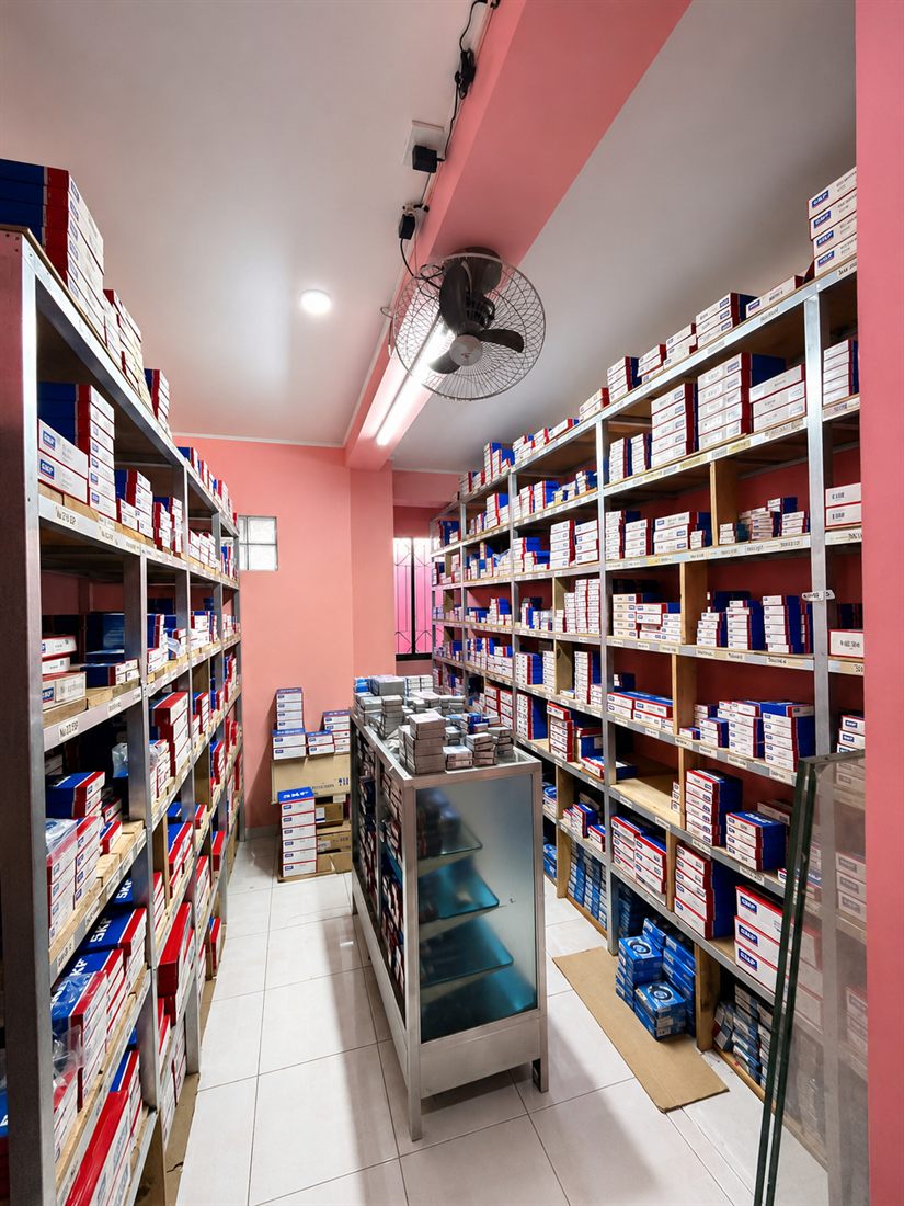 Aisle of stocked bearing shelves with service counter at RLR's Lipa City warehouse